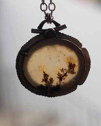 Flowers in winter, frozen landscape necklace in silver and dendritic agate