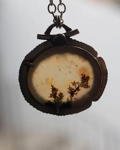 Flowers in winter, frozen landscape necklace in silver and dendritic agate
