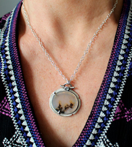 Flowers in winter, frozen landscape necklace in silver and dendritic agate