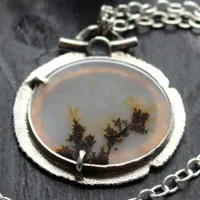 Flowers in winter, frozen landscape necklace in silver and dendritic agate