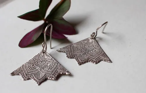 Flowers of life, lotus mandala triangle earrings in silver