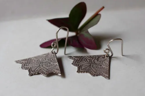 Flowers of life, lotus mandala triangle earrings in silver