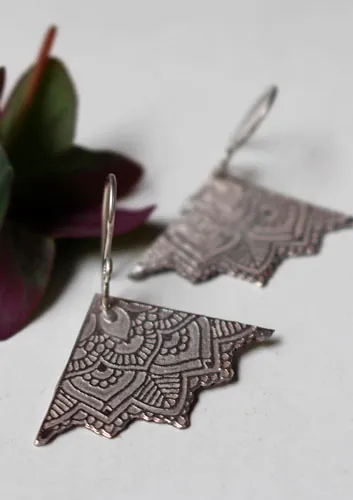 Flowers of life, lotus mandala triangle earrings in silver