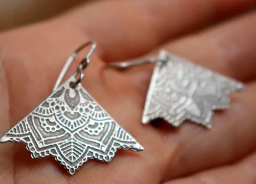 Flowers of life, lotus mandala triangle earrings in silver