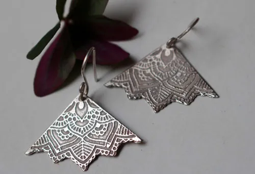 Flowers of life, lotus mandala triangle earrings in silver
