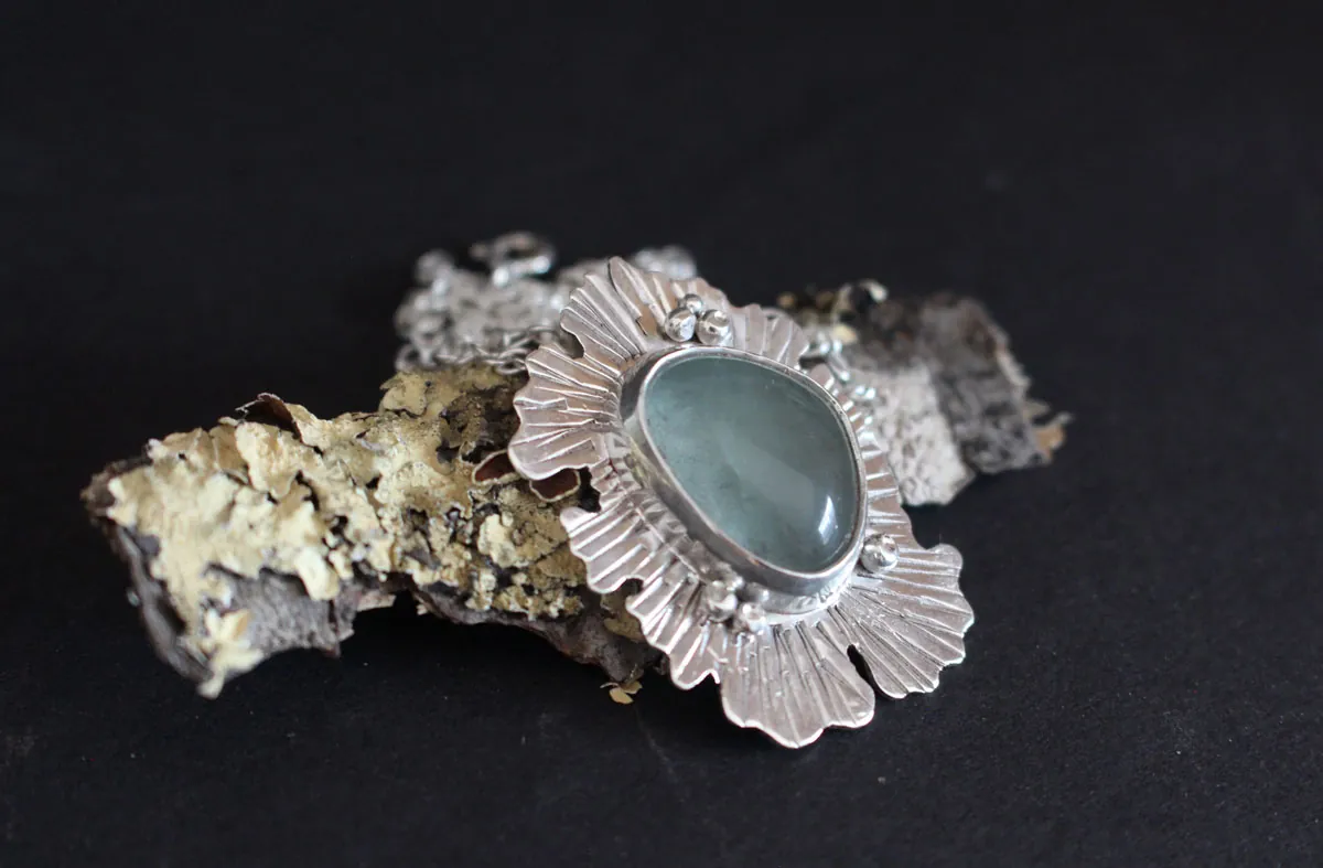 Fluorite lichen, symbiote necklace in silver and fluorite