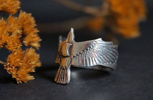 Follow your destiny, raven and crescent moon ring in silver