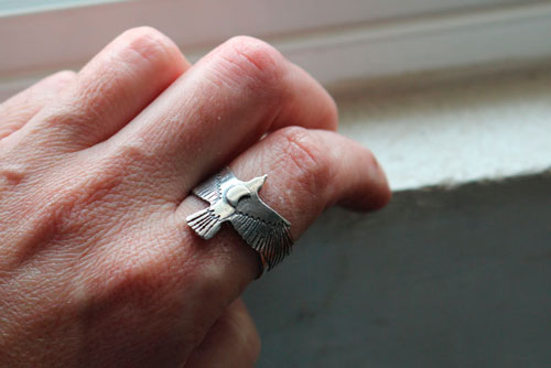 Follow your destiny, raven and crescent moon ring in silver