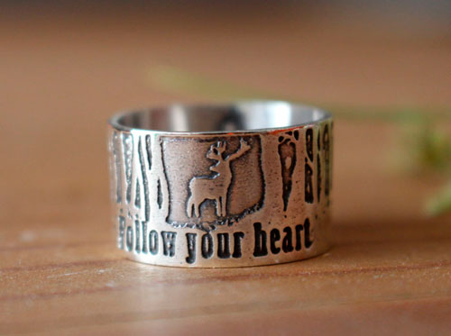 Follow your heart, deer heart of the forest ring in silver