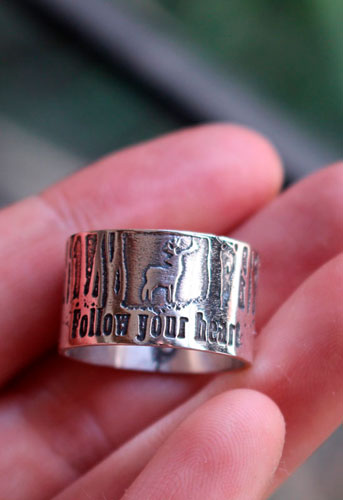 Follow your heart, deer heart of the forest ring in silver