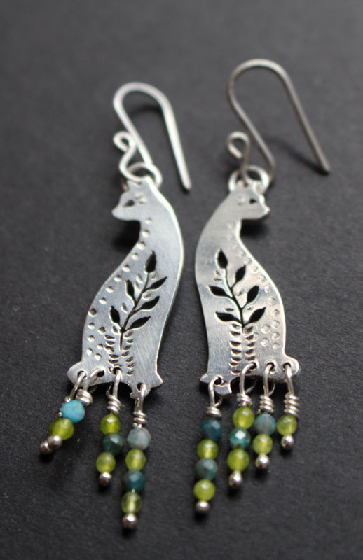 Forest cat, nature guardian earrings in silver, blue agate and green agate