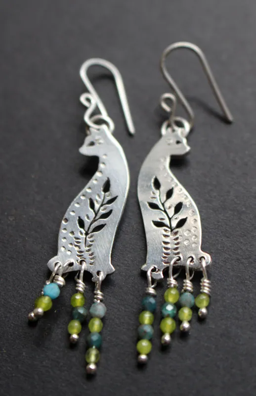 Forest cat, nature guardian earrings in silver, blue agate and green agate
