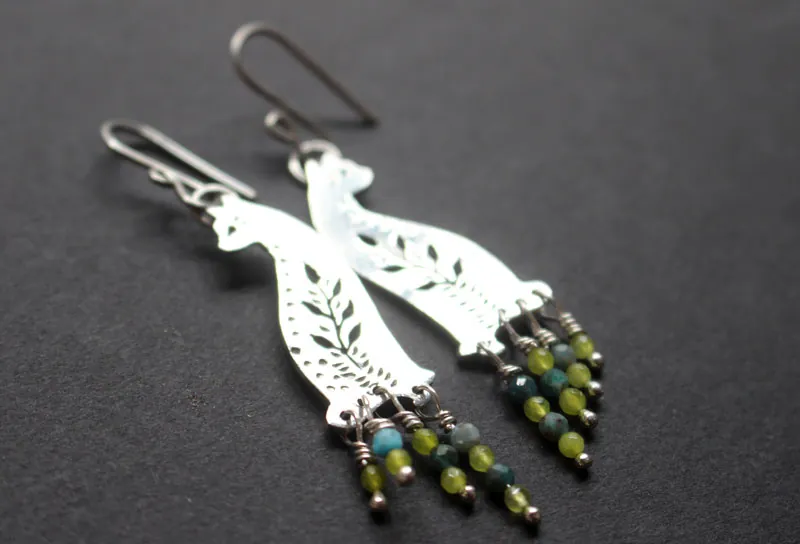 Forest cat, nature guardian earrings in silver, blue agate and green agate
