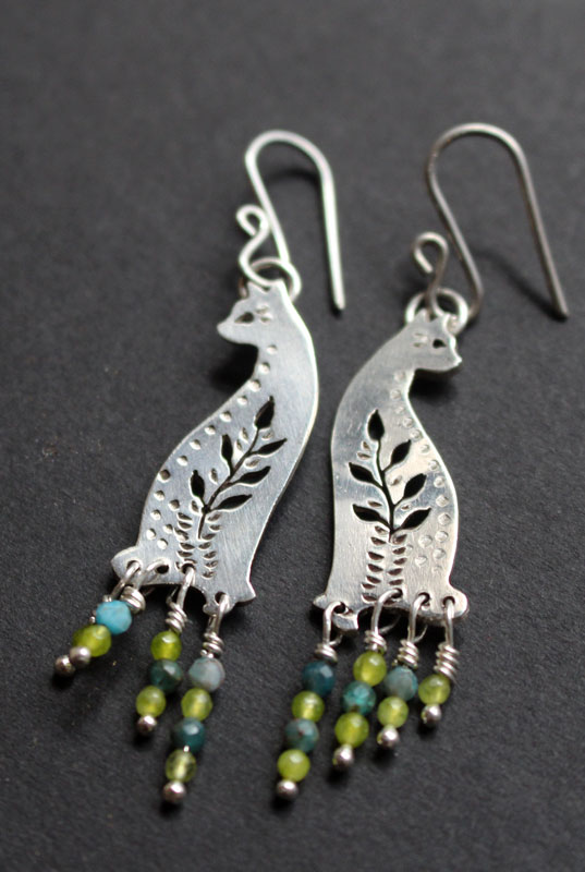 Forest cat, nature guardian earrings in silver, blue agate and green agate
