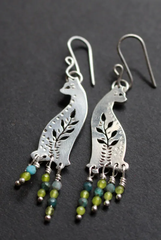 Forest cat, nature guardian earrings in silver, blue agate and green agate