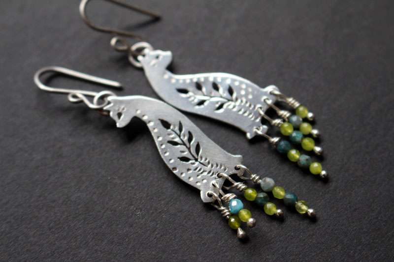 Forest cat, nature guardian earrings in silver, blue agate and green agate