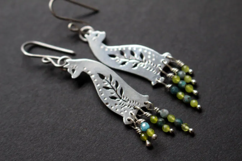 Forest cat, nature guardian earrings in silver, blue agate and green agate
