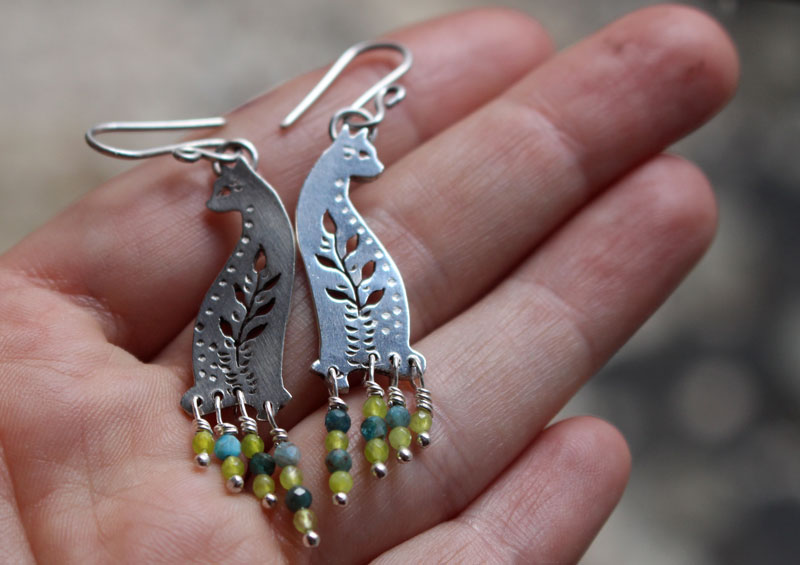 Forest cat, nature guardian earrings in silver, blue agate and green agate