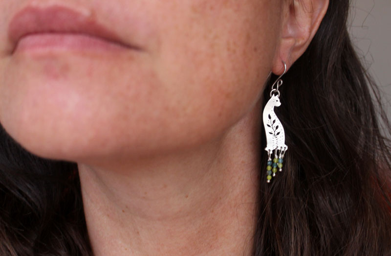 Forest cat, nature guardian earrings in silver, blue agate and green agate