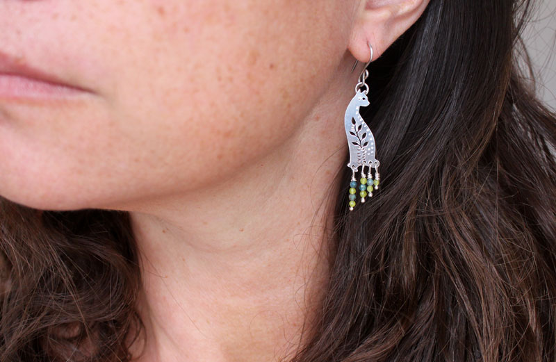 Forest cat, nature guardian earrings in silver, blue agate and green agate