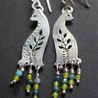 Forest cat, nature guardian earrings in silver, blue agate and green agate