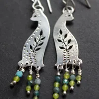 Forest cat, nature guardian earrings in silver, blue agate and green agate
