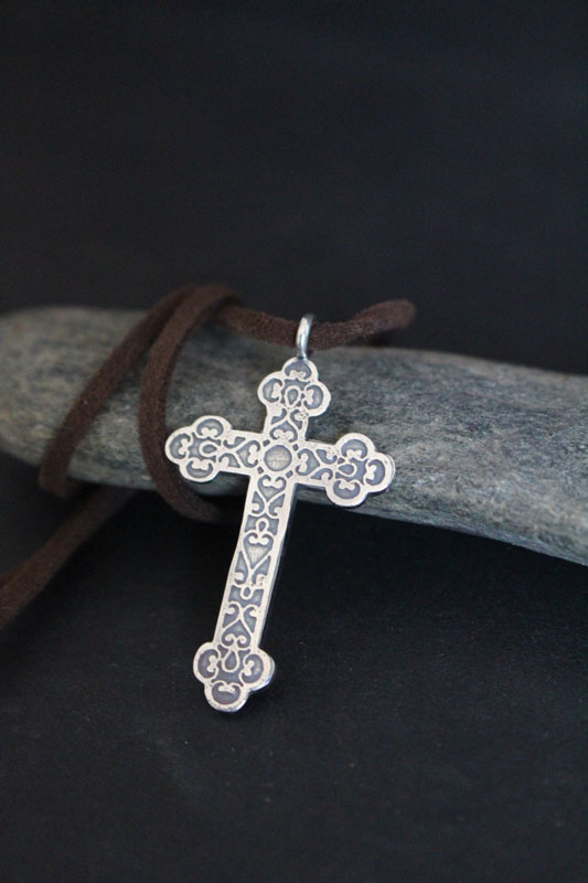 Forged cross, trefoil cross with spiral necklace in silver