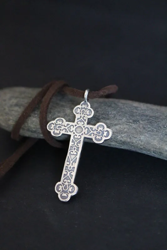 Forged cross, trefoil cross with spiral necklace in silver