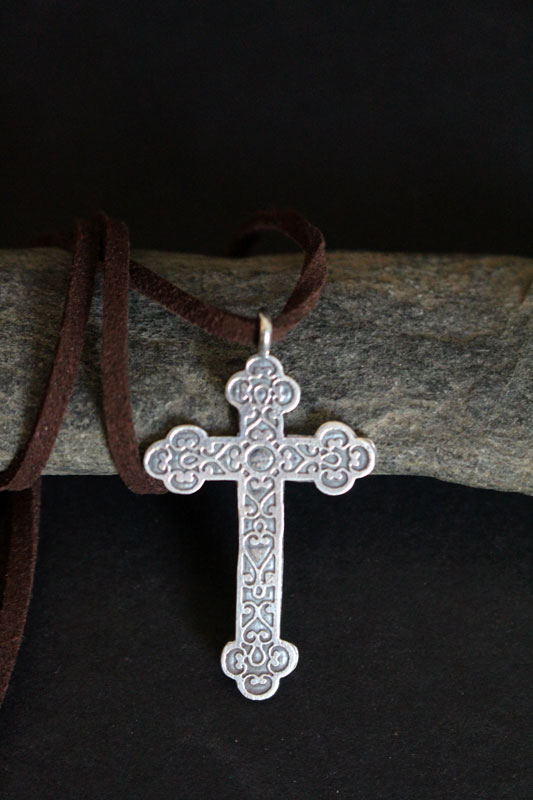 Forged cross, trefoil cross with spiral necklace in silver