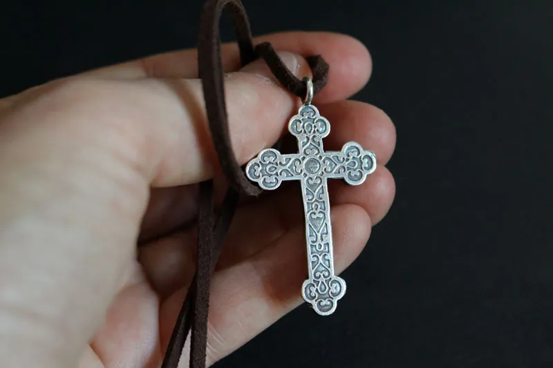 Forged cross, trefoil cross with spiral necklace in silver