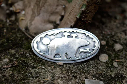 Freedom is a state of mind, bear and rabbit brooch in silver
