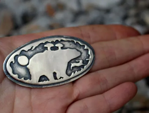 Freedom is a state of mind, bear and rabbit brooch in silver