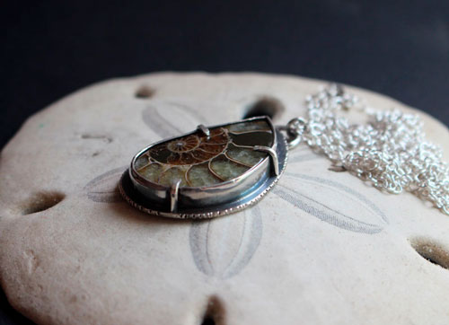 From the bottom of the ocean, underwater exploration necklace in silver and fossil ammonite