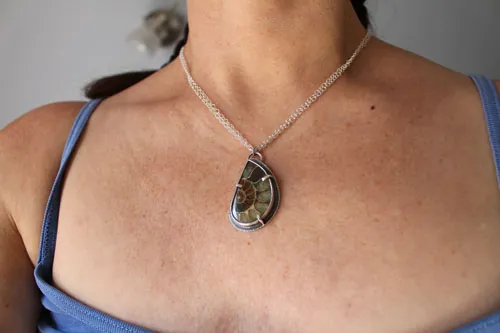 From the bottom of the ocean, underwater exploration necklace in silver and fossil ammonite