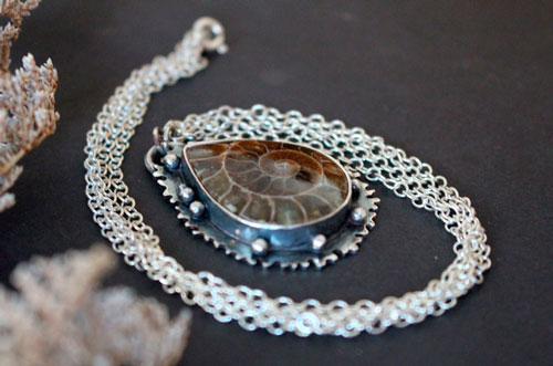From the heart of the sea, marine fauna necklace in silver and ammonite