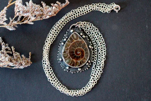 From the heart of the sea, marine fauna necklace in silver and ammonite