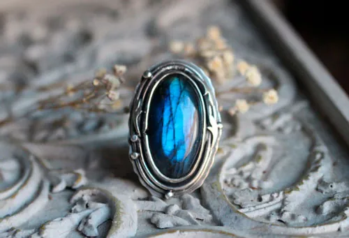 Frost moon over the forest, elven ring in silver with labradorite