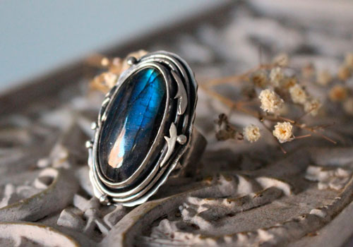 Frost moon over the forest, elven ring in silver with labradorite