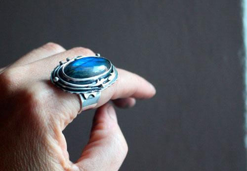 Frost moon over the forest, elven ring in silver with labradorite
