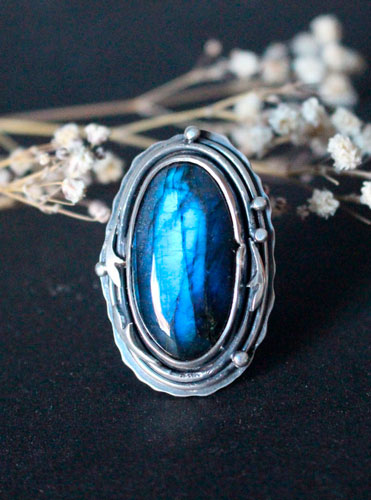 Frost moon over the forest, elven ring in silver with labradorite