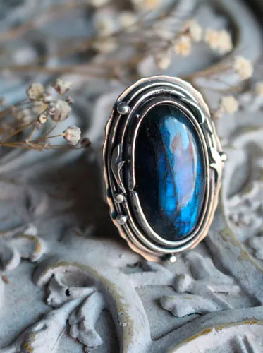 Frost moon over the forest, elven ring in silver with labradorite