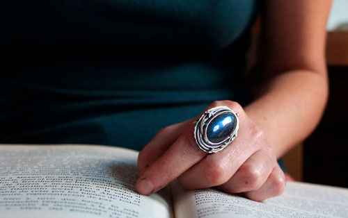 Frost moon over the forest, elven ring in silver with labradorite