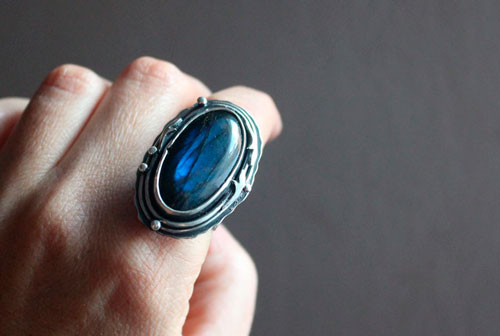 Frost moon over the forest, elven ring in silver with labradorite