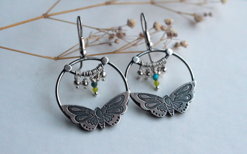 Farandole, butterfly earrings in sterling silver and amazonite