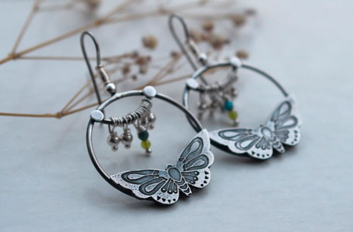 Farandole, butterfly earrings in sterling silver and amazonite