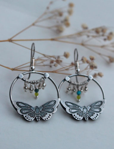 Farandole, butterfly earrings in sterling silver and amazonite