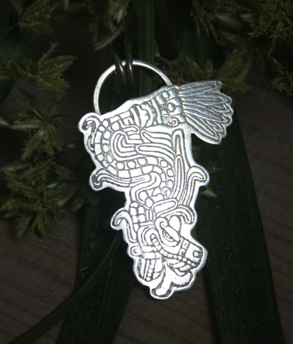 Feathered serpent, Aztec god Quetzalcoatl pendant in sterling silver