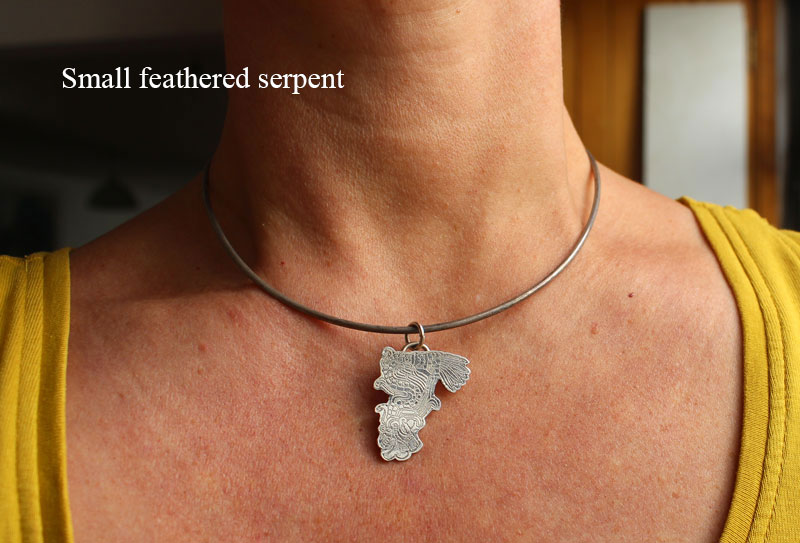 Feathered serpent, Aztec god Quetzalcoatl pendant in sterling silver