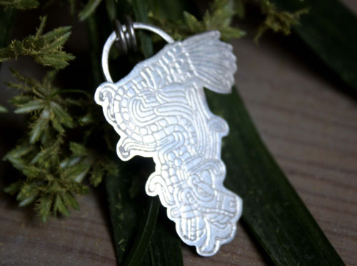 Feathered serpent, Aztec god Quetzalcoatl pendant in sterling silver