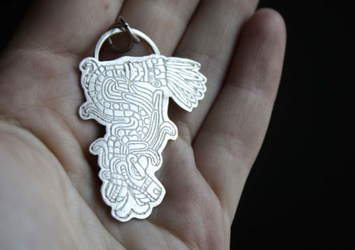 Feathered serpent, Aztec god Quetzalcoatl pendant in sterling silver